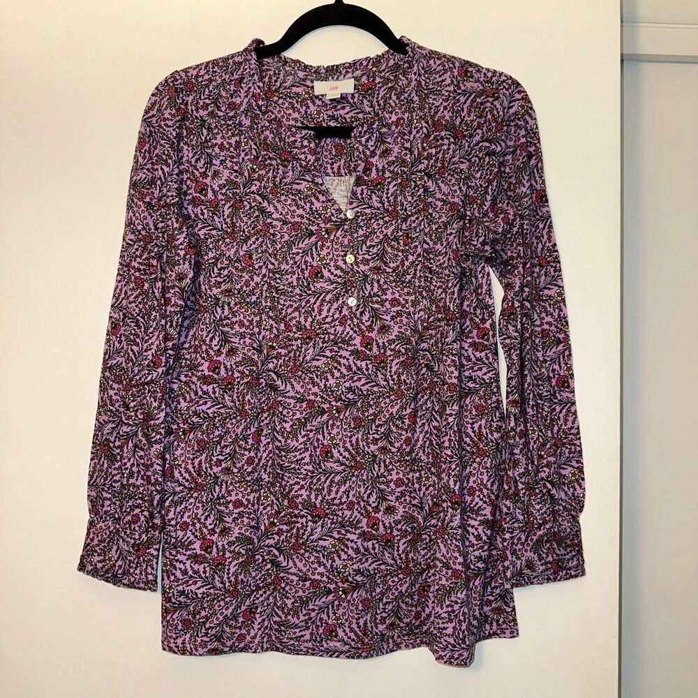 J. Jill Women’s Petite XS Long Sleeve Quarter Button Shirt Purple Floral NWOT